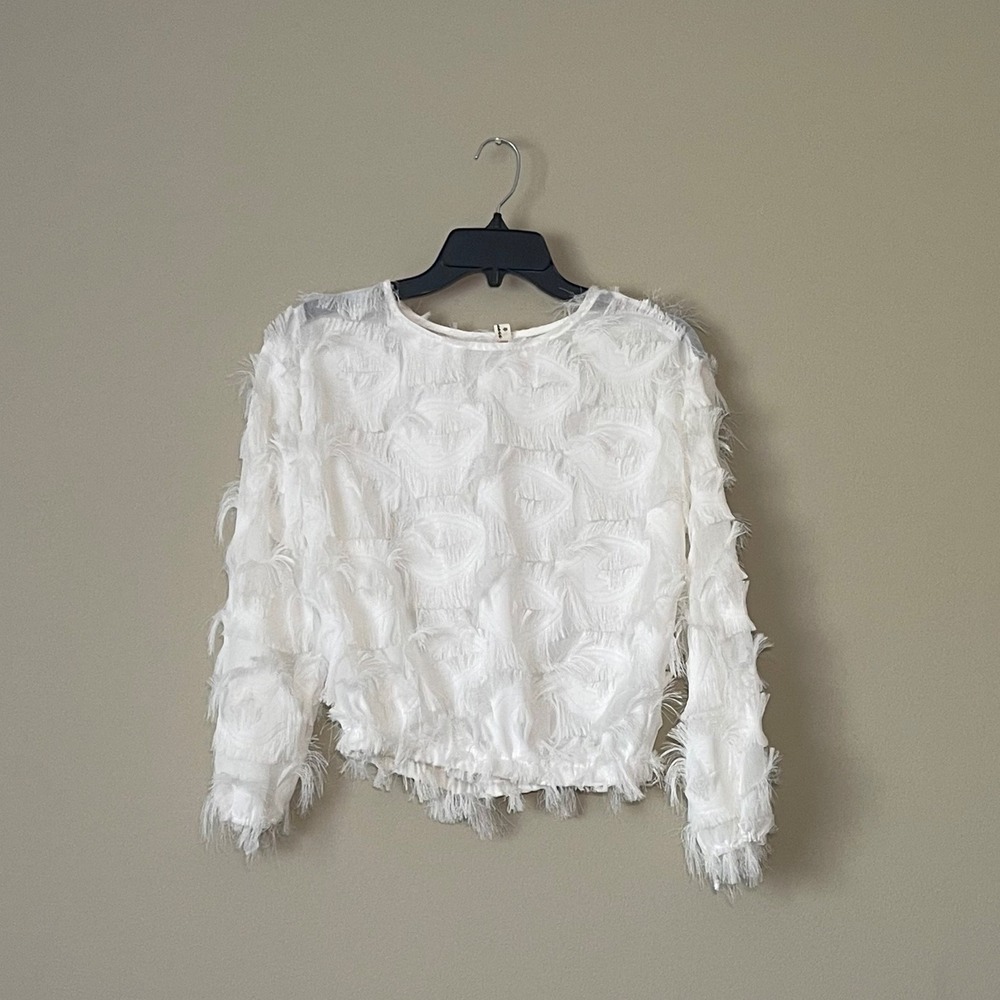 Sheer Feather Trim Long Sleeve Crop Top White Women's